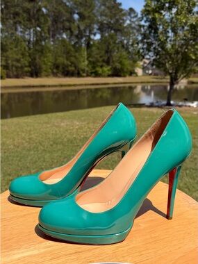 Louboutin Teal Patent Leather High Heel Platform Pumps